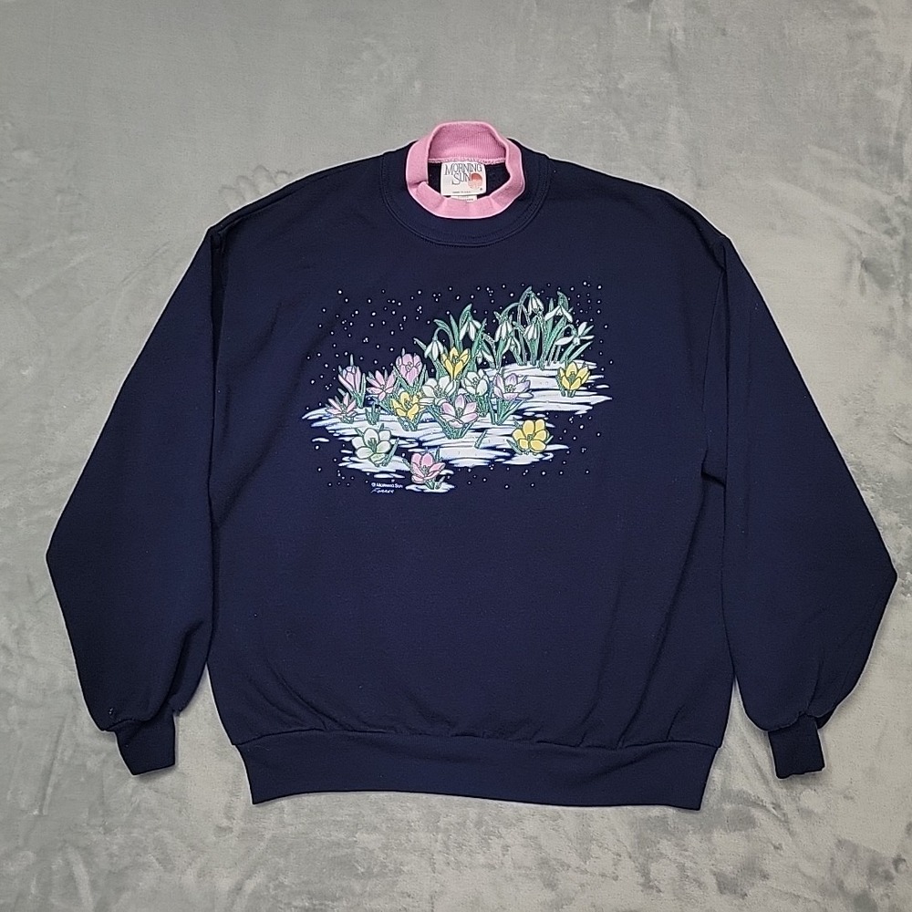 VTG Morning Sun Sweatshirt Womens XL Navy Floral‎ Mock Neck Made In USA Cottage
